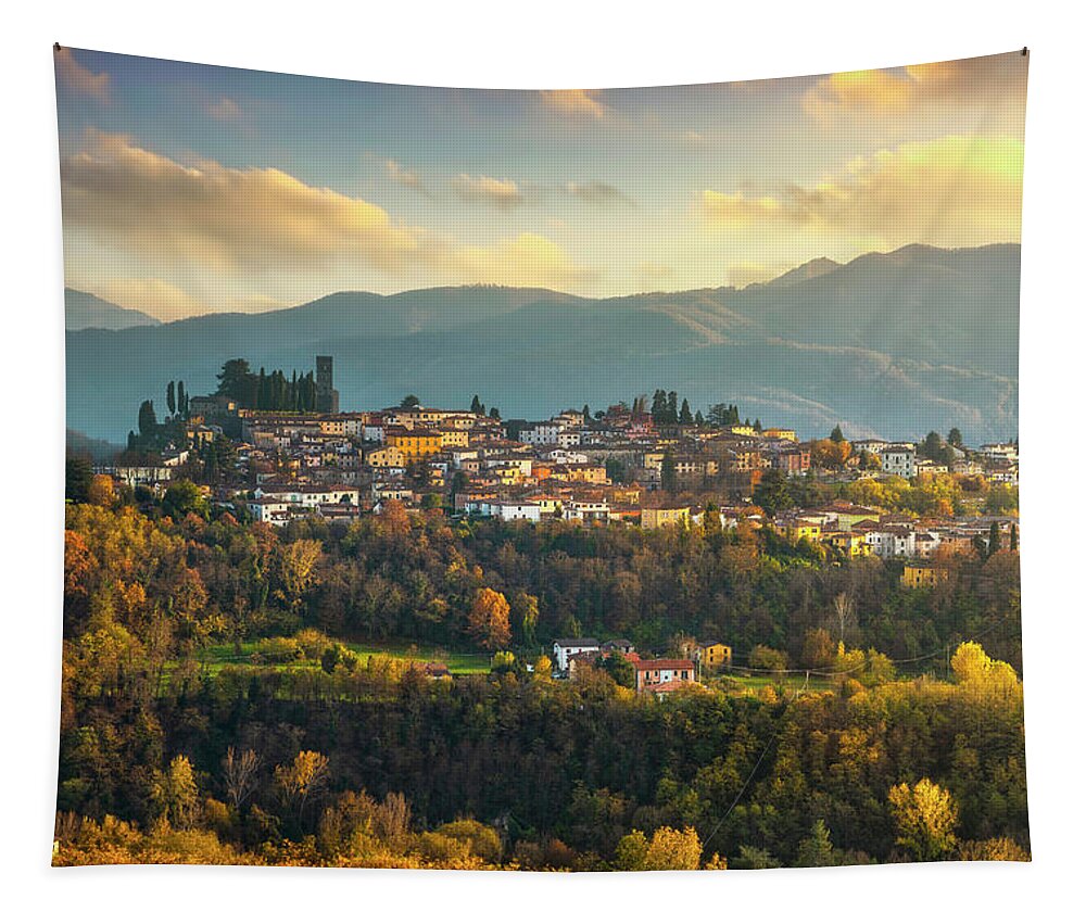 Barga Tapestry featuring the photograph Barga village in autumn. Garfagnana, Tuscany by Stefano Orazzini