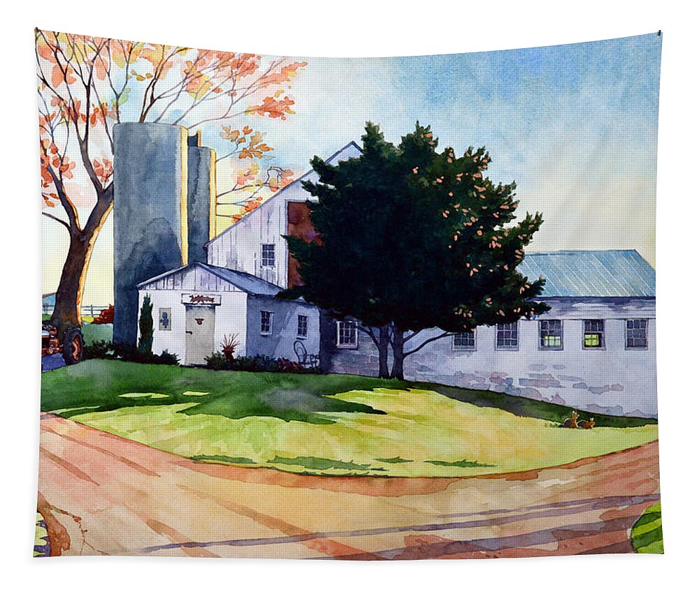 Watercolor Tapestry featuring the painting Barn Cat Crossing by Mick Williams