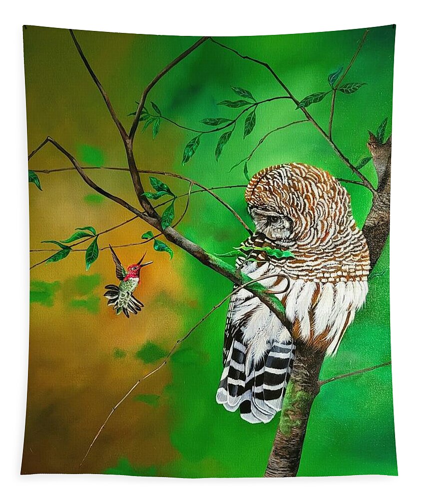 Birds Tapestry featuring the painting Barred Owl and Anna's hummingbird by Dana Newman