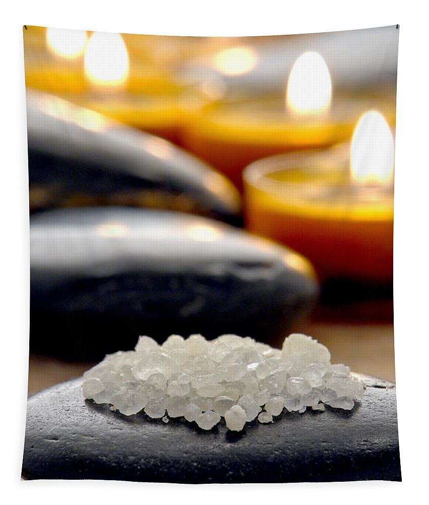 Bath Tapestry featuring the photograph Bath Salts on Polished Stone with Candles in a Spa by Olivier Le Queinec
