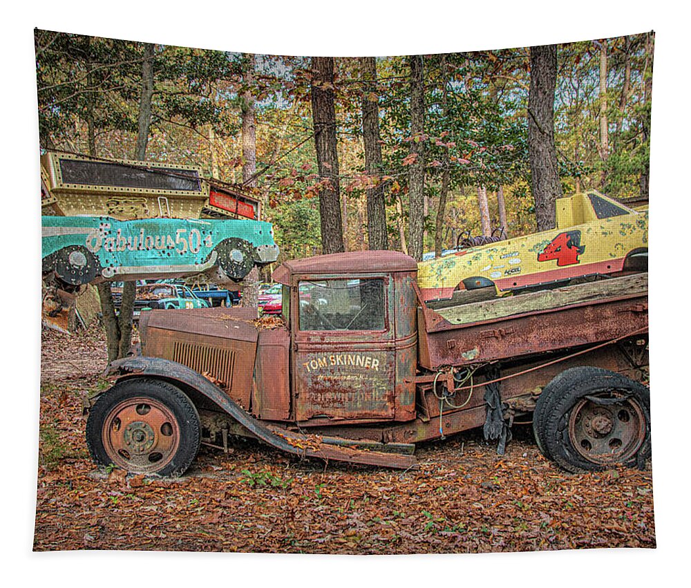 Old Tapestry featuring the photograph Battered Rusty Jalopy In The Woods by Kristia Adams