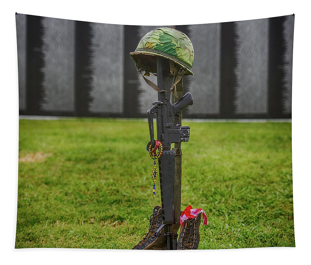 Battle Tapestry featuring the photograph Battle Field Cross At the Traveling Wall by Paul Freidlund