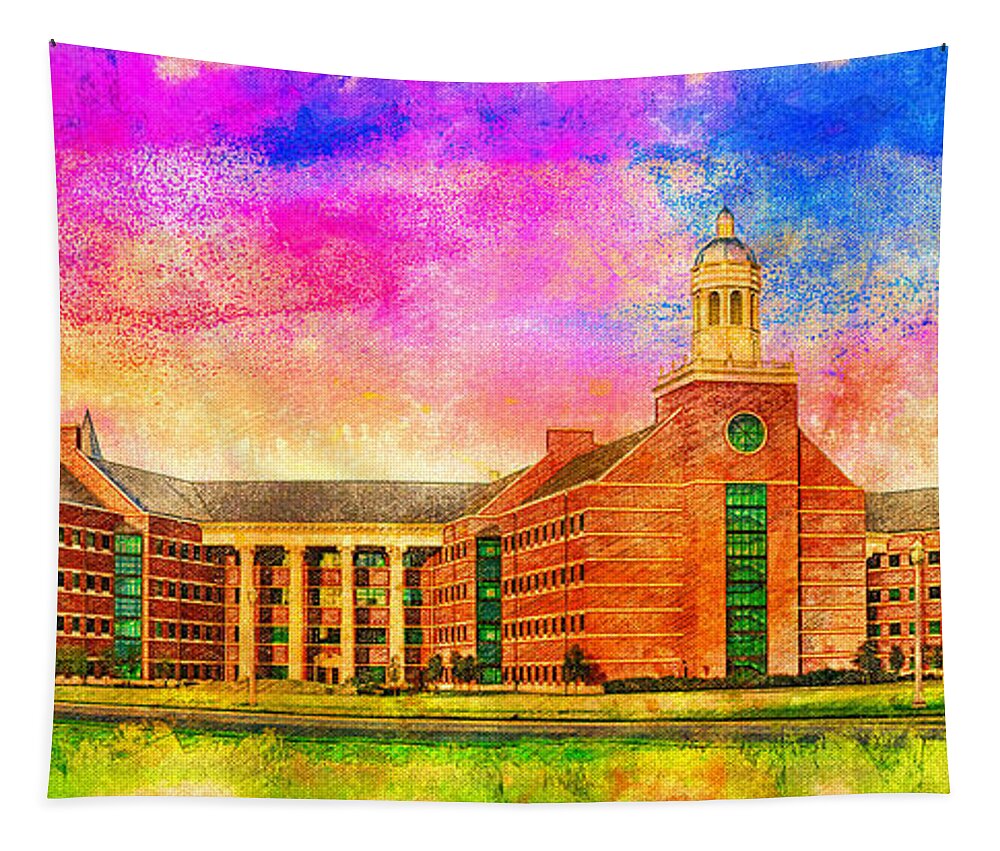 Baylor Science Building Tapestry featuring the digital art Baylor Science Building of the Baylor University in Waco, Texas - digital painting by Nicko Prints