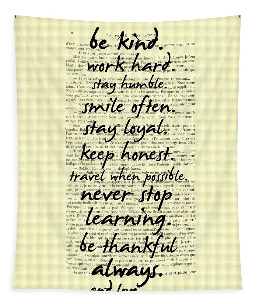 Be Kind Tapestry featuring the digital art Be kind work hard motivational quote on antique book page by Madame Memento