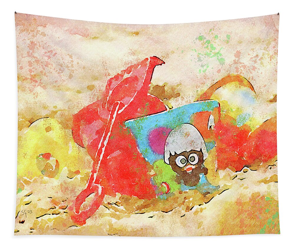 Beach Tapestry featuring the mixed media Beach Abstract Colorful Toys in the Sand Watercolor Painting by Shelli Fitzpatrick