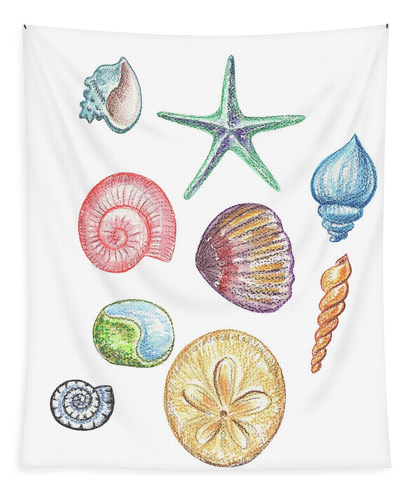 Beach Art Tapestry featuring the painting Beach Art Watercolor Sea Shells And Stars Art II by Irina Sztukowski