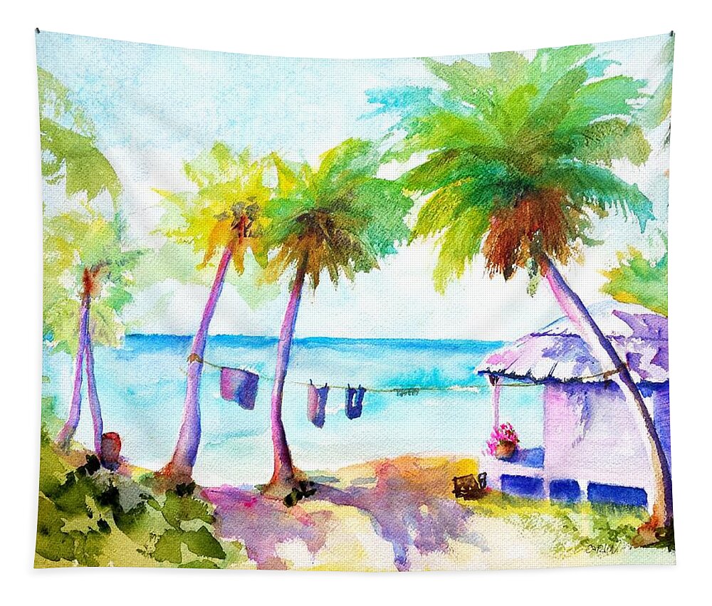 Troical Tapestry featuring the painting Beach House Tropical Paradise by Carlin Blahnik CarlinArtWatercolor