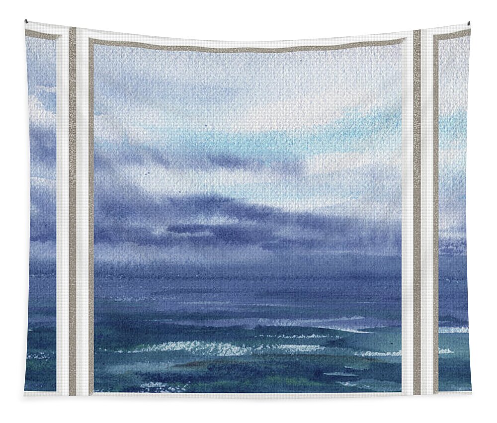 Window View Tapestry featuring the painting Beach House Window View Stormy Sea Shore Watercolor by Irina Sztukowski