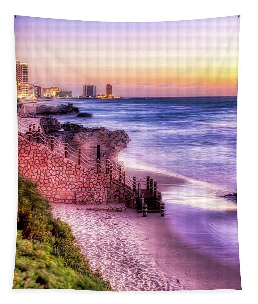 Cancun Tapestry featuring the photograph Beach light before sunrise by Tatiana Travelways