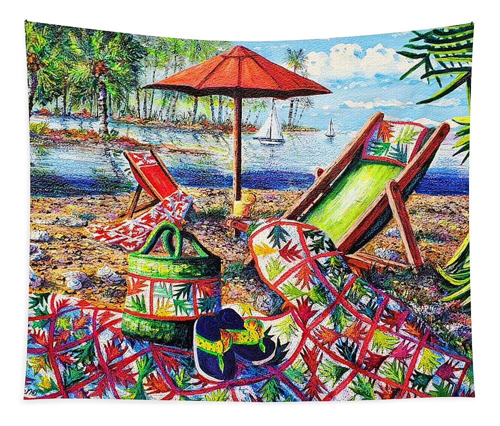 Palm Quilt At The Beach Tapestry featuring the painting Beach Retreat by Diane Phalen