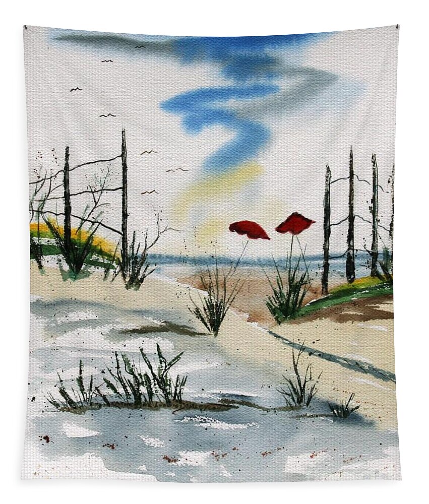 Seascape Tapestry featuring the painting Beach Umbrellas at Cape May by Catherine Ludwig Donleycott