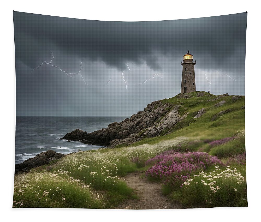 Lighthouse Tapestry featuring the digital art Beacon of Solitude - Lighthouse at Rocky Point by Russ Harris