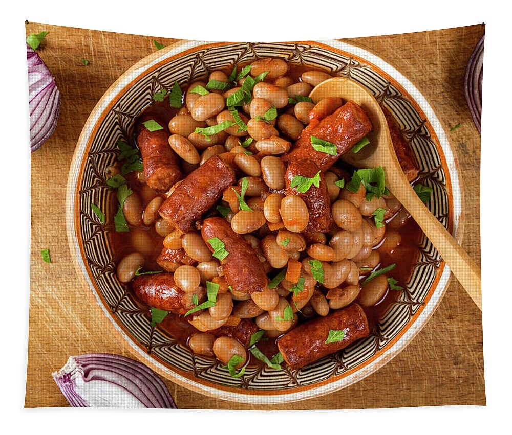 Beans Tapestry featuring the photograph Beans stew wit pork sausages and tomato sauce by Sebastian Radu