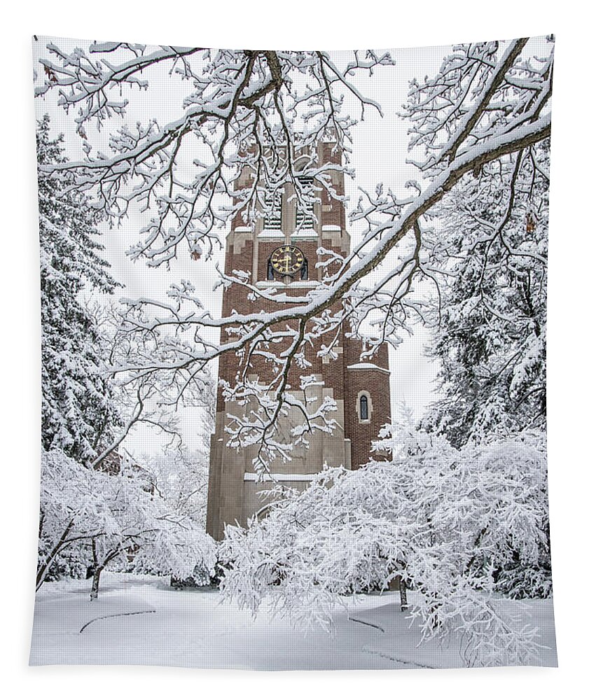 Beaumounnt Tower Winter Tapestry featuring the photograph Beaumont Tower in Winter MSU by John McGraw