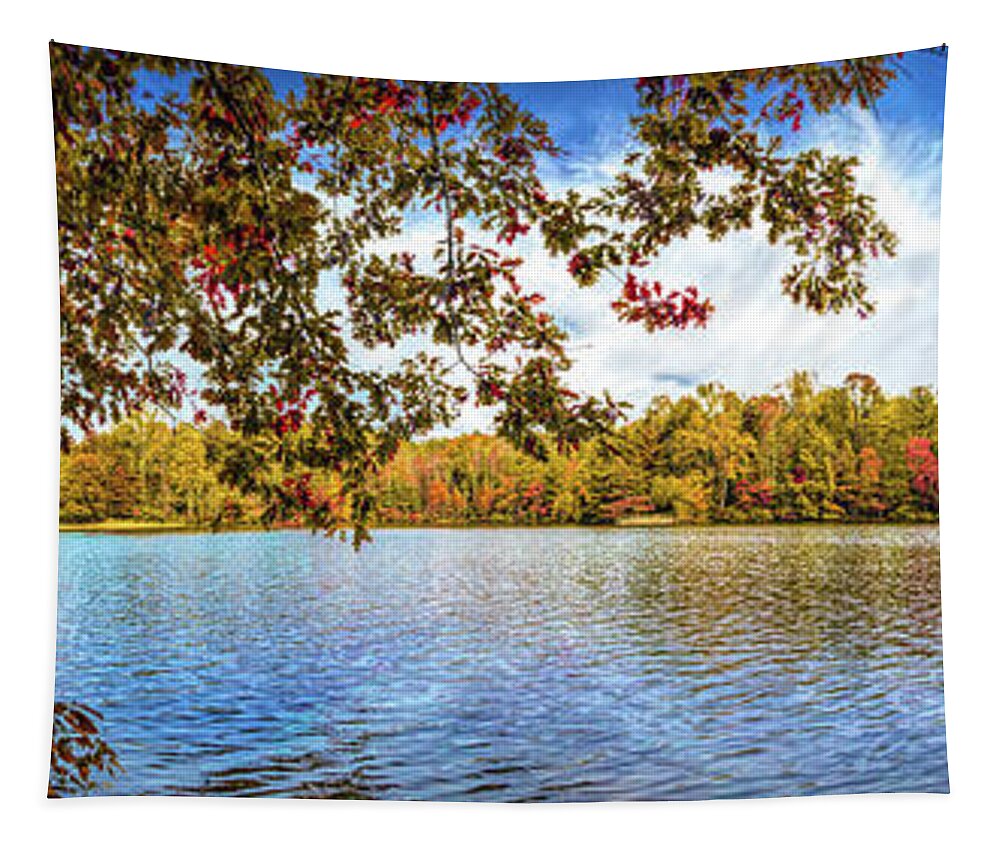Panorama Tapestry featuring the photograph Beautiful Autumn Lake at Indian Boundary Painting by Debra and Dave Vanderlaan