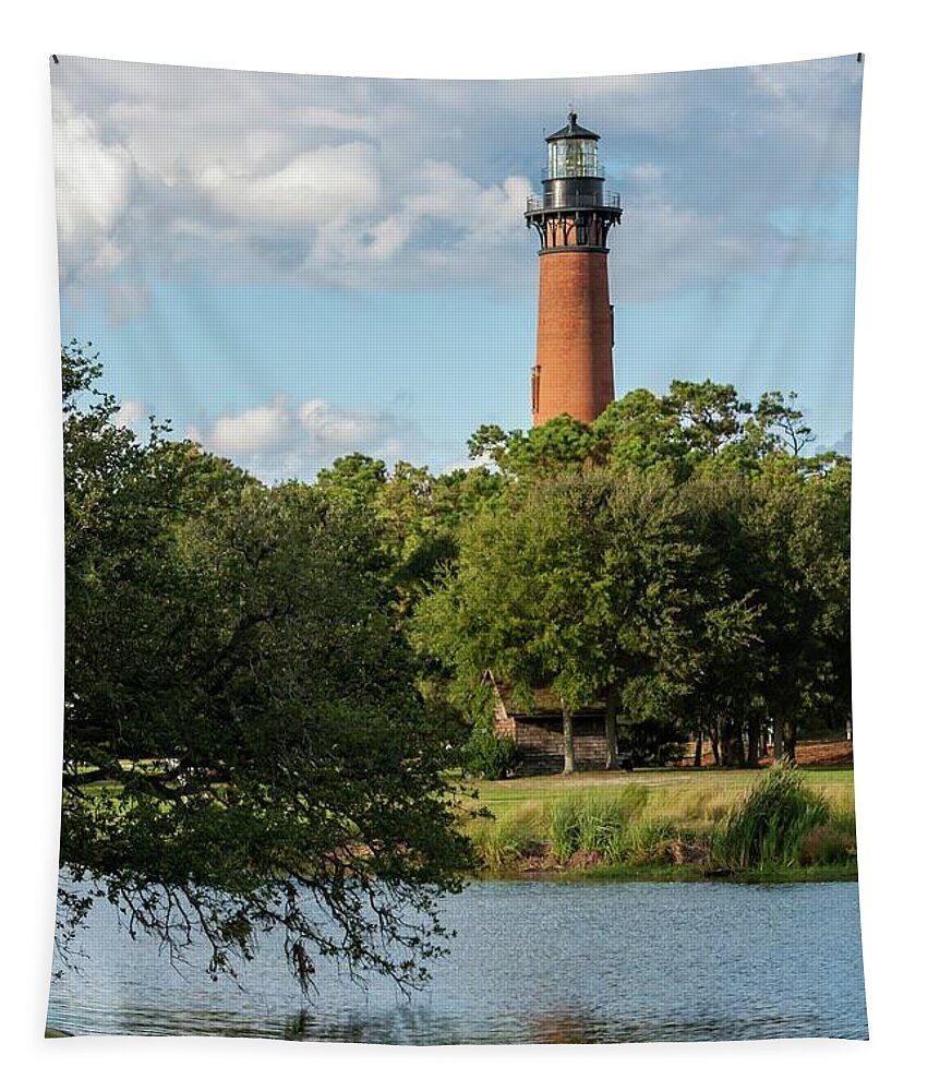 Architecture Tapestry featuring the photograph Beautiful Day at Currituck Beach Lighthouse by Liza Eckardt