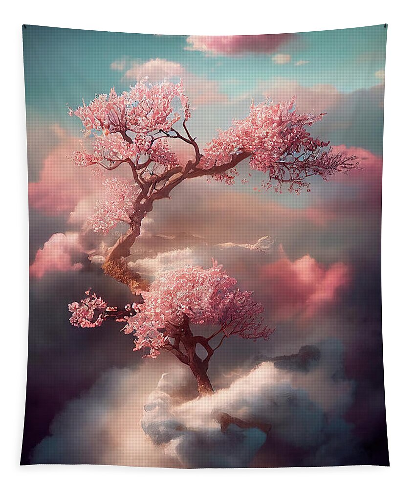 Cherry Tapestry featuring the digital art Beautiful dreamy cherry blossom tree from heavenly clouds. Abstr by Jelena Jovanovic