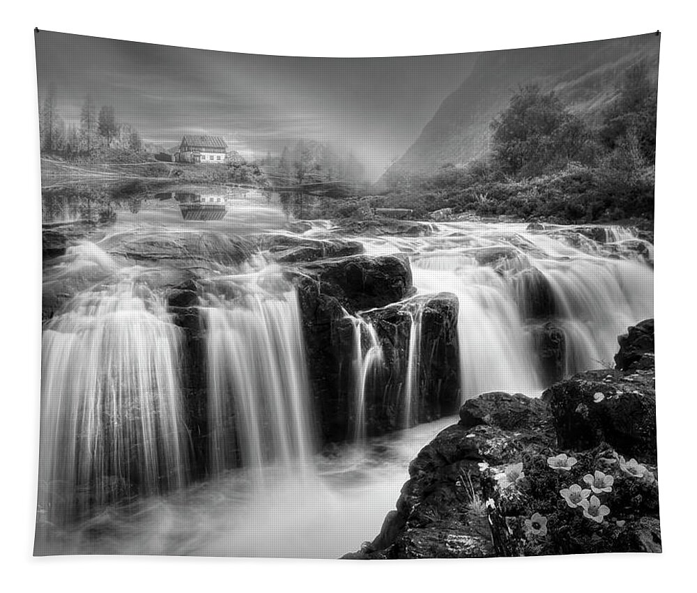 Clouds Tapestry featuring the photograph Beautiful Fairy Pools Scotland Black and White by Debra and Dave Vanderlaan