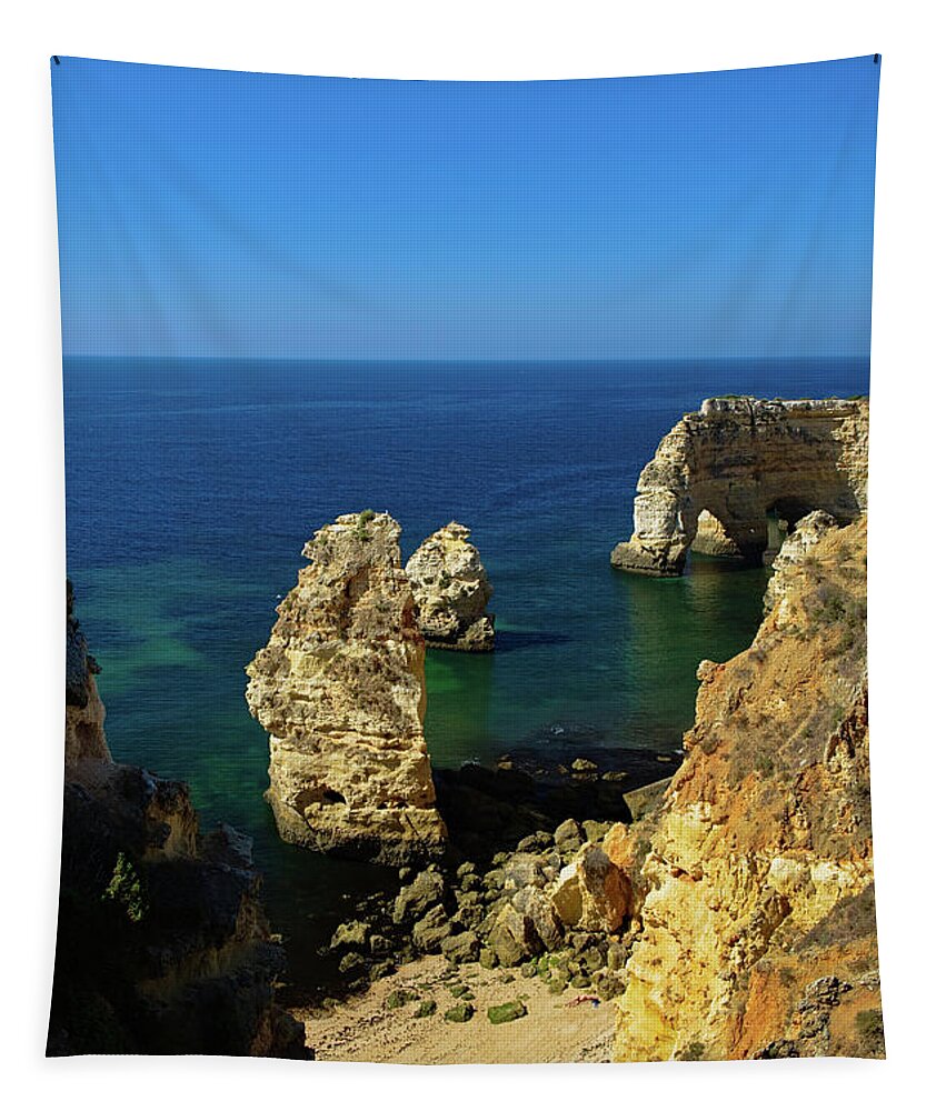 Praia Da Marinha Tapestry featuring the photograph Beautiful Marinha Beach from the Cliffs by Angelo DeVal