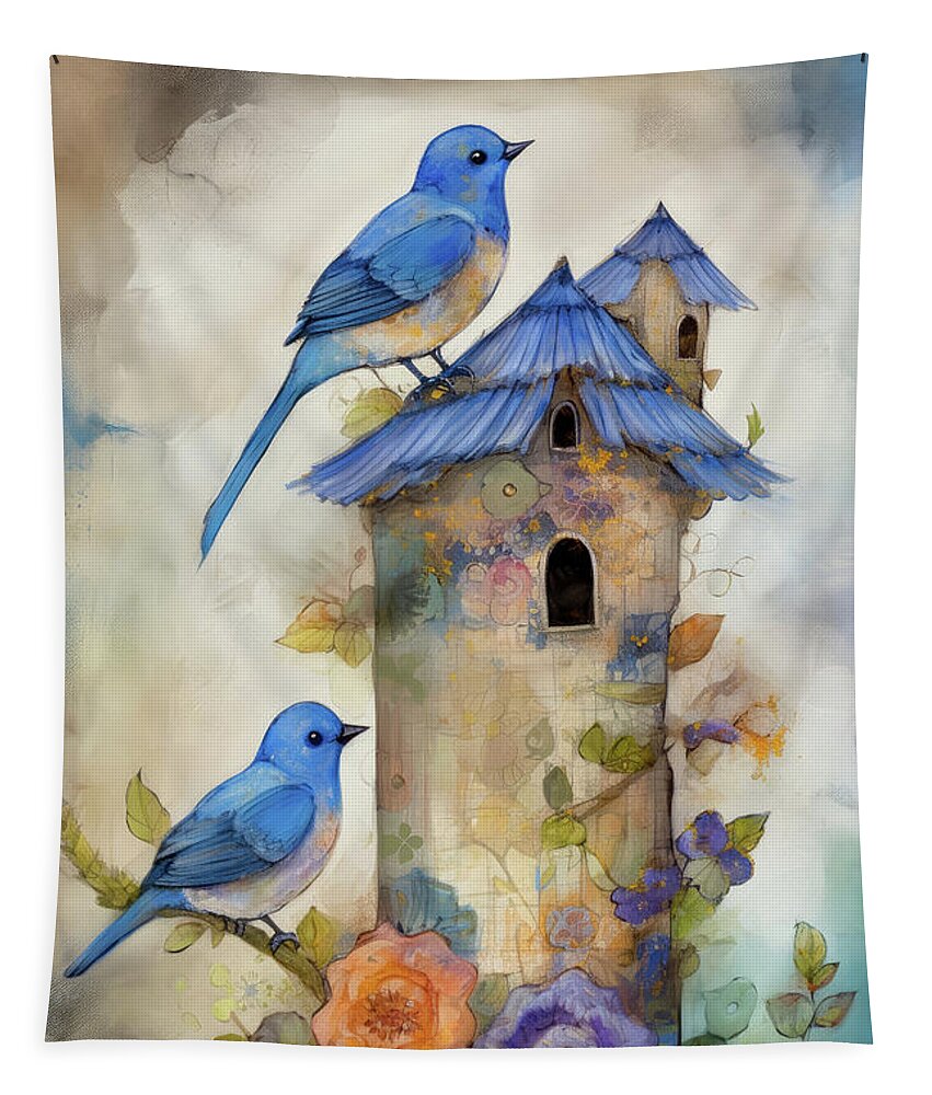 Bluebirds Tapestry featuring the painting Beautiful Spring Bluebirds by Tina LeCour