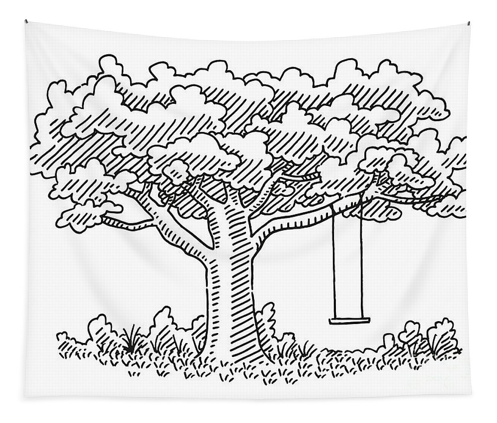 Sketch Tapestry featuring the drawing Beautiful Tree With A Swing Drawing by Frank Ramspott