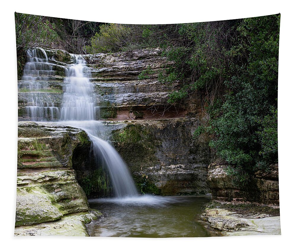 River Tapestry featuring the photograph Beautiful waterfall splashing in the canyon Troodos Cyprus by Michalakis Ppalis