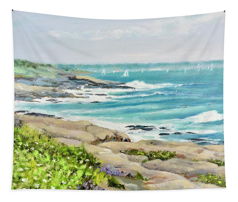 Beavertail Light Coast Tapestry featuring the painting Beavertail Light Coast Jamestown RI by Patty Kay Hall