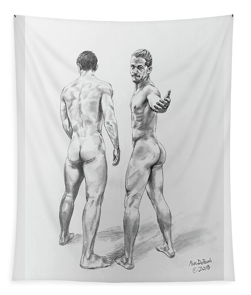 Male Nude Tapestry featuring the drawing Beckoning Bros by Marc DeBauch