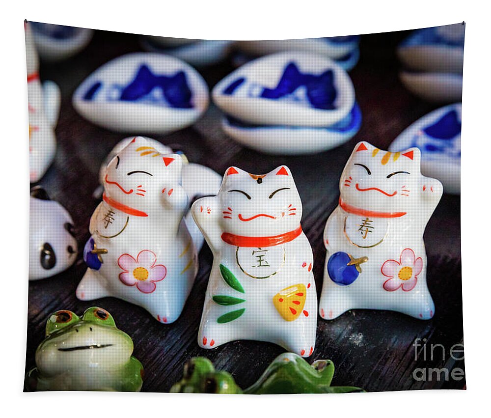 Beckoning Cat Tapestry featuring the photograph Beckoning cat figurines by Lyl Dil Creations