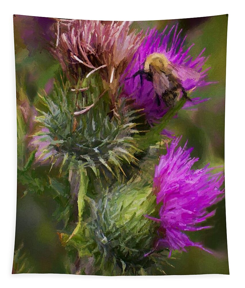 Nature Tapestry featuring the digital art Bee on a Thistle Flower by Charmaine Zoe