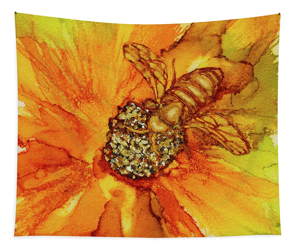 Bee Tapestry featuring the painting Bee on Orange Flower Alcohol Ink Painting by Deborah League