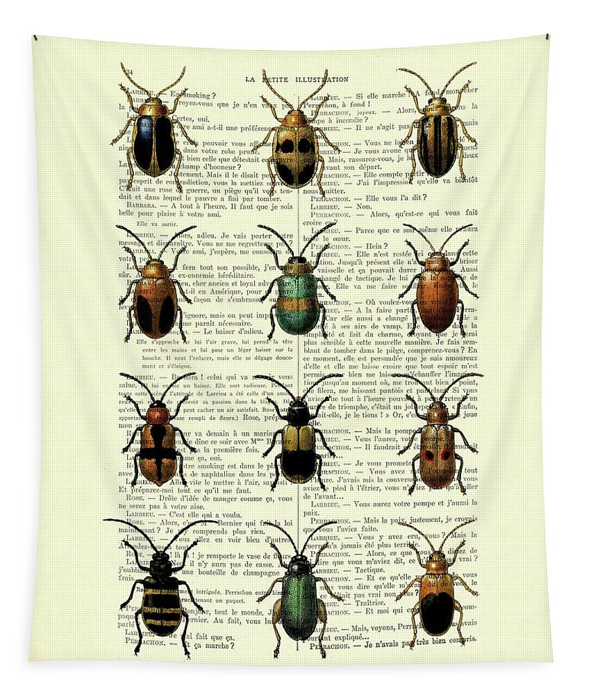 Beetle Tapestry featuring the digital art Beetle collection on antique French book page by Madame Memento
