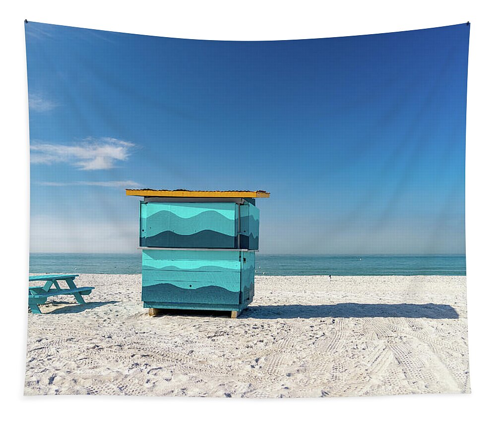 Color Image Horizontal St Pete Beach ×overcast ×morning ×beach ×gulf Of Mexico ×sand ×tranquility ×sea ×seascape ×florida - Us State ×beach Hut ×kiosk ×water ×photography ×seagull ×no People ×scenic - Nature ×coastline ×sky ×nature ×cloud - Sky ×travel ×hut ×lifeguard Hut ×travel Destinations × Tapestry featuring the photograph Before the day Starts by Marian Tagliarino