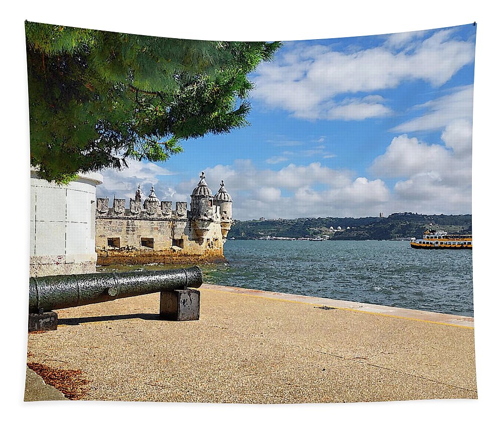 Fort Lisbon Tapestry featuring the digital art Belem Tower of Saint Vincent Medieval Fort Cannon Boat Lisbon Portugal by Irina Sztukowski