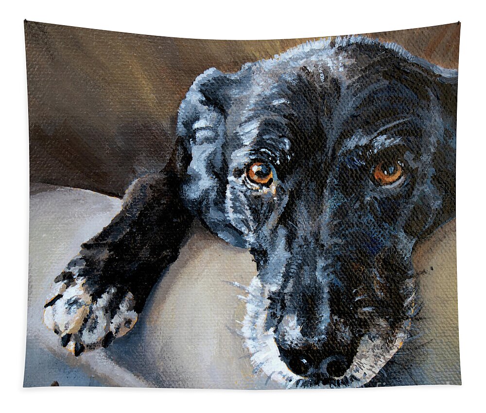 Dog Tapestry featuring the painting Bella - Black Dog Portrait by Annie Troe