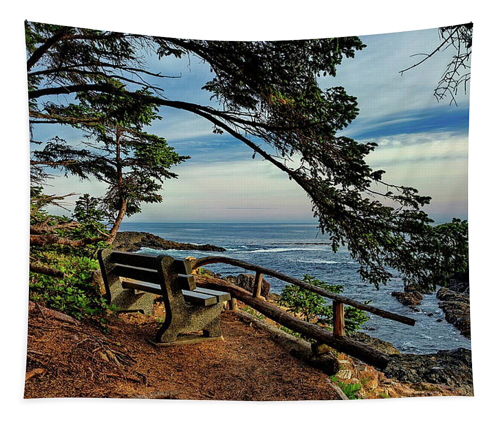  Alex Lyubar Tapestry featuring the photograph Bench on the cliff over the seashore by Alex Lyubar