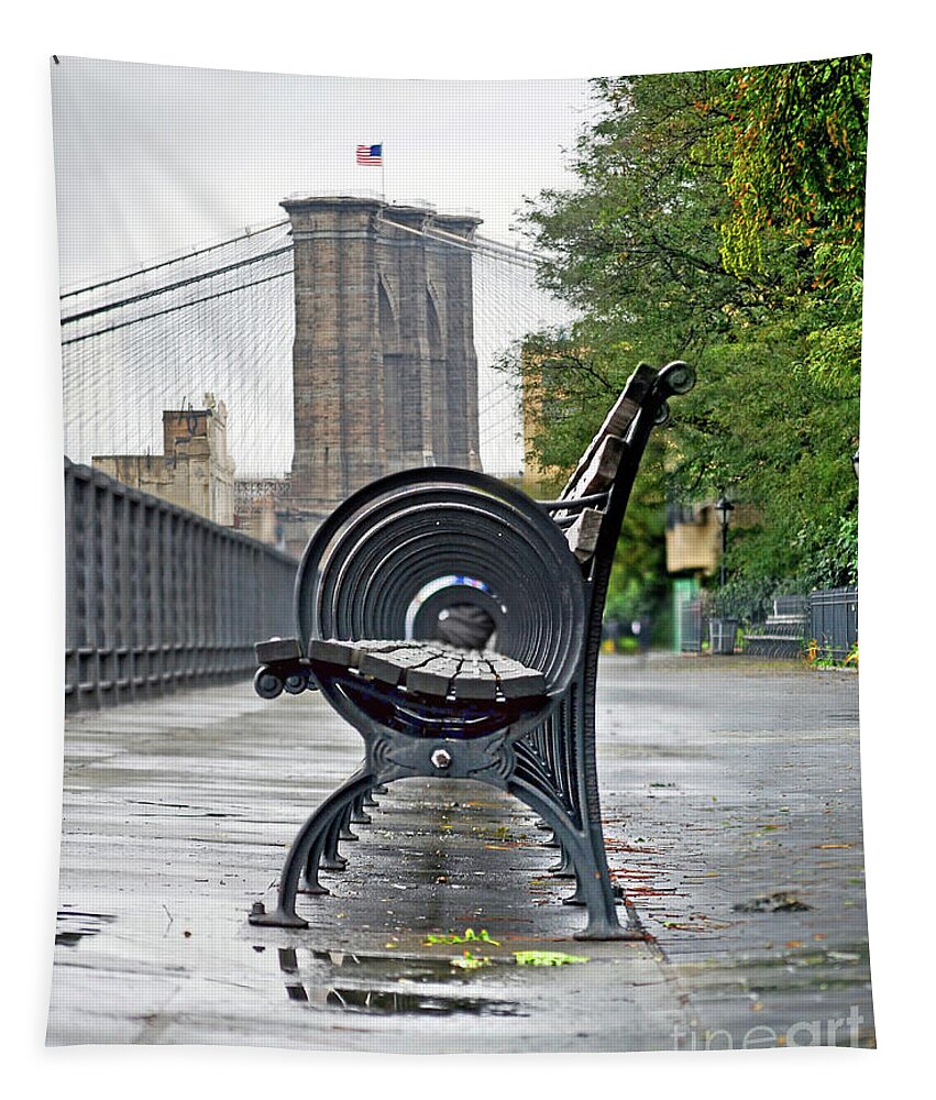 New York Tapestry featuring the photograph Bench's Circles at New York City's Brooklyn Heights - color version by Carlos Alkmin