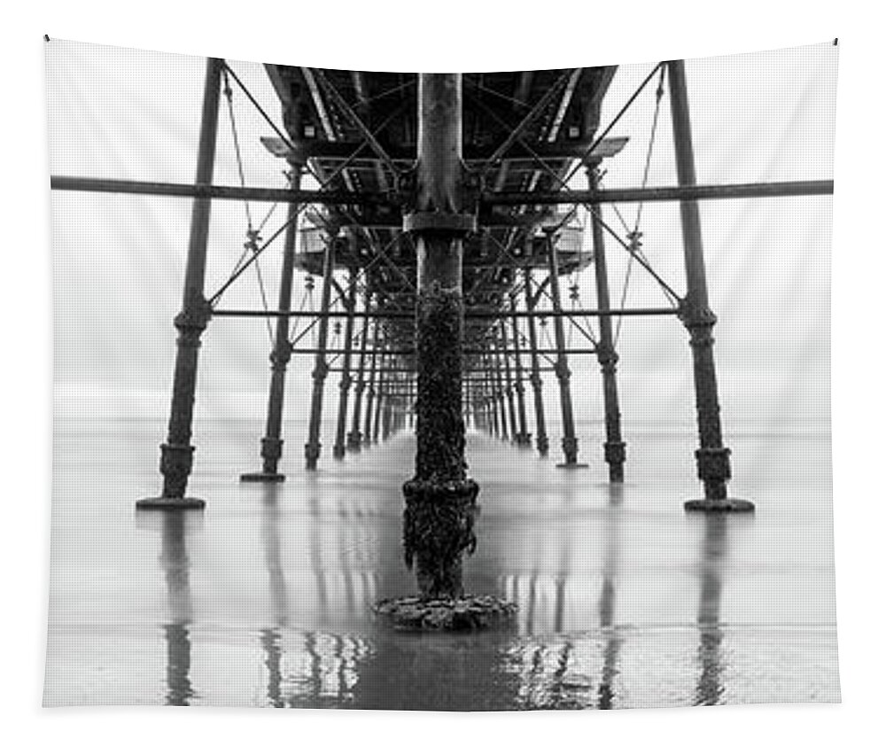 Panorama Tapestry featuring the photograph Beneath Saltburn Pier Redcar and cleveland Black and white by Sonny Ryse