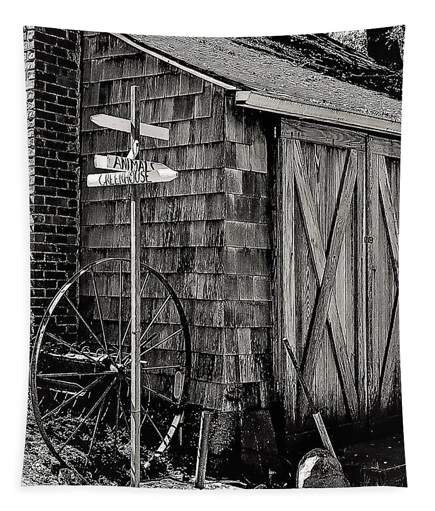  Barn Wheel Sign Dwelling Door Black White Tapestry featuring the photograph Benner's Farm by John Linnemeyer