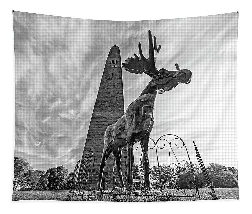 Bennington Tapestry featuring the photograph Bennington VT Moose and Battle Monument Fall Foliage Black and White by Toby McGuire