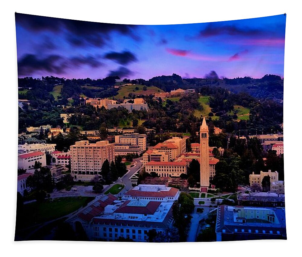 Berkeley Tapestry featuring the digital art Berkeley University of California campus - aerial at sunset by Nicko Prints
