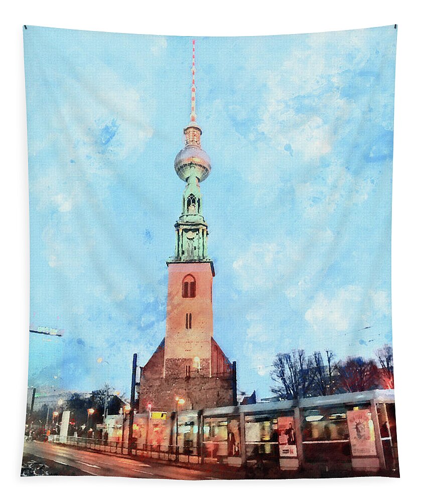Berlin Tapestry featuring the painting Berlin. St. Mary's Church and TV Tower. by Alex Mir