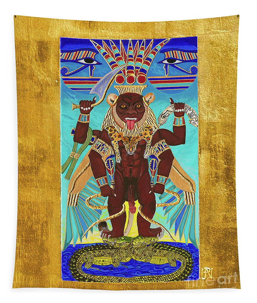 Bes Tapestry featuring the mixed media Bes the Magical Protector by Ptahmassu Nofra-Uaa