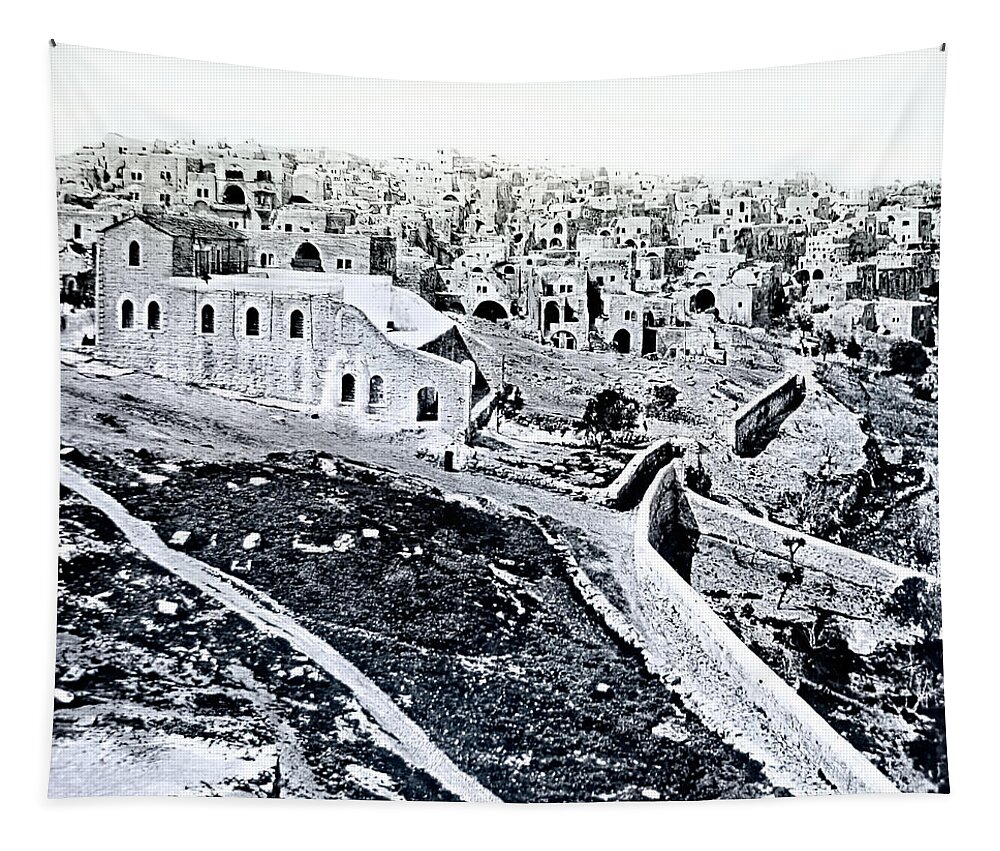 Bethlehem Tapestry featuring the photograph Bethlehem City and Fields in 1900 by Munir Alawi