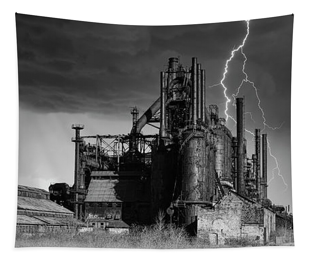 Bethlehem Steel Tapestry featuring the photograph Bethlehem Steel Ruins Blast Furnace USA BW by Chuck Kuhn