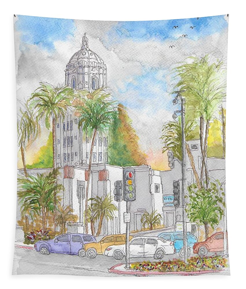 City Hall Tapestry featuring the painting Beverly Hills City Hall, Beverly Hills, California by Carlos G Groppa