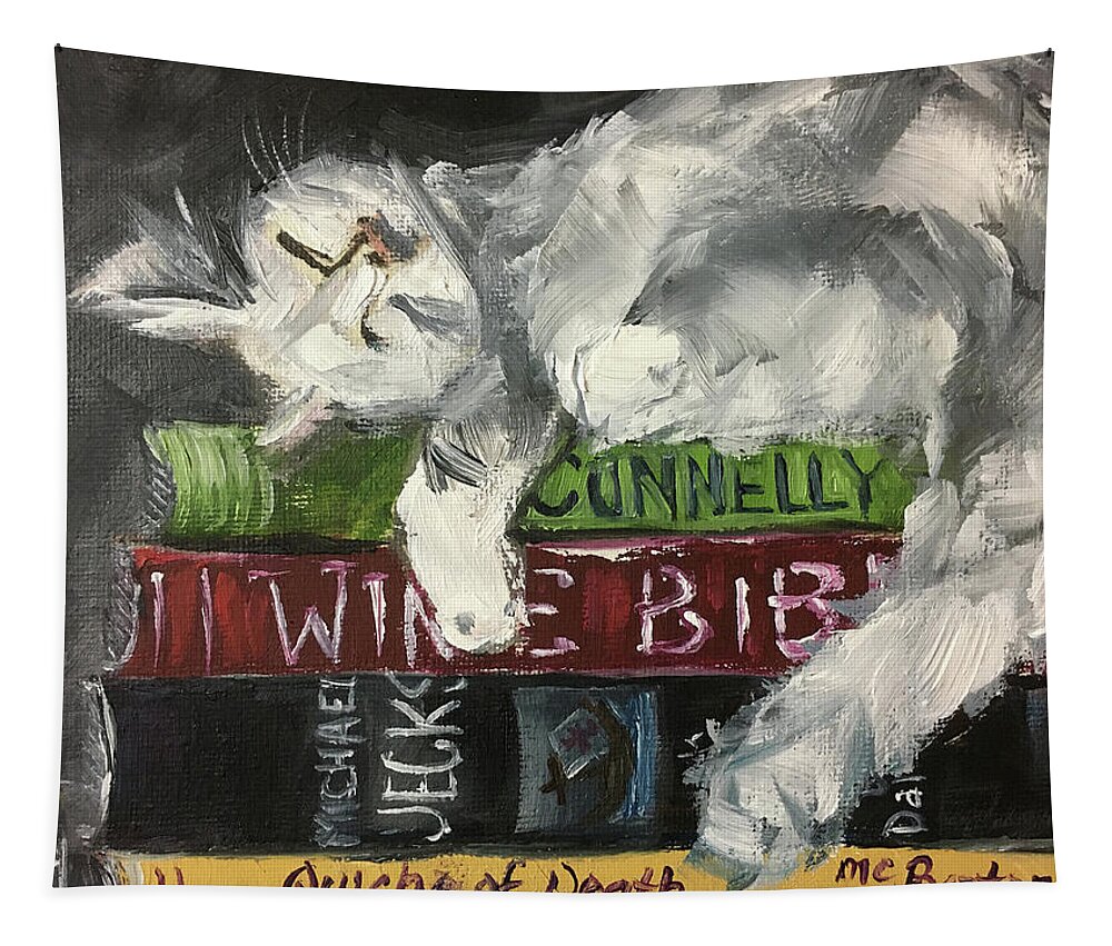 Sleepy Cat Tapestry featuring the painting Biblio Cat by Roxy Rich