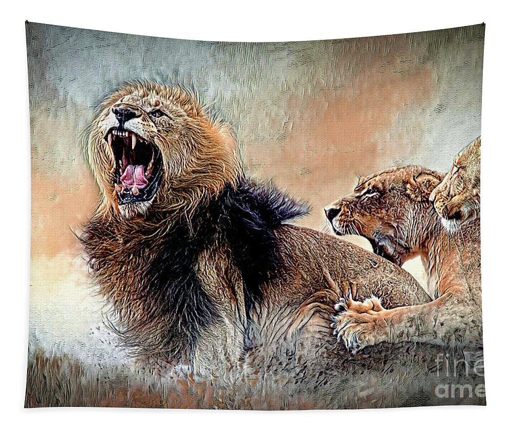 Lions Tapestry featuring the mixed media Bickering Three by DB Hayes