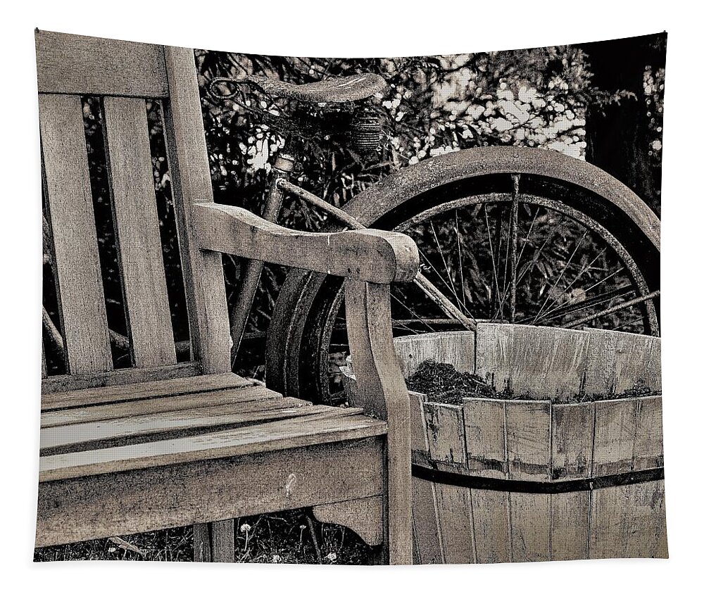 Bicycle Bench B&w Tapestry featuring the photograph Bicycle Bench4 by John Linnemeyer