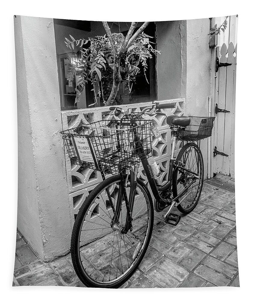 Worth Tapestry featuring the photograph Bicycle in the Courtyard Black and White by Debra and Dave Vanderlaan